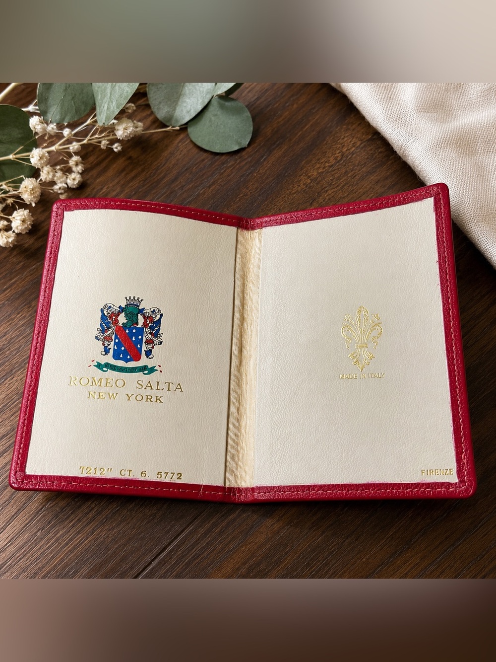 Vintage Romelo Salta New York Red Leather Card Holder Made Italy Gold Gilded